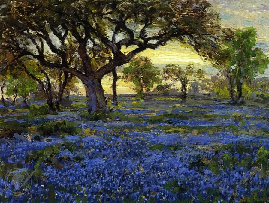 Old Live Oak Tree and Bluebonnets on the West Texas